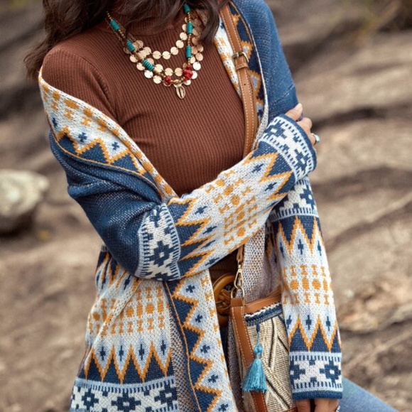 Blue Mustard Tribal Print Open Front Cardigan - Picture 2 of 6